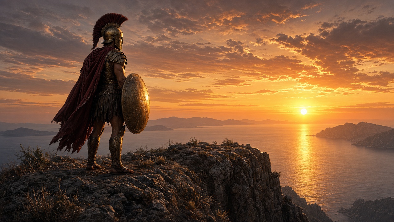 Original adult ancient Greek-style warrior with bronze helmet and plain round shield on a cliff at sunset, original AI history wallpaper
