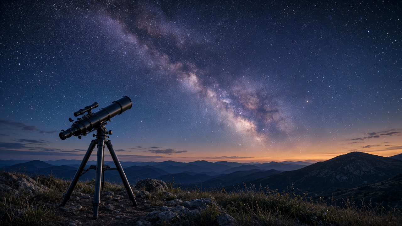 Telescope on a hill pointed at a starry Milky Way sky, stargazing hobby, original AI hobby wallpaper