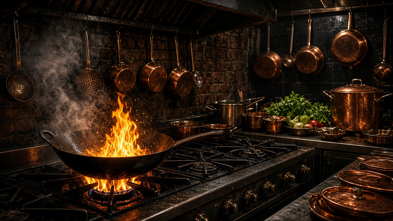 Professional kitchen with a flaming wok on the stove, steam and copper pans, no people visible, original AI hobby wallpaper
