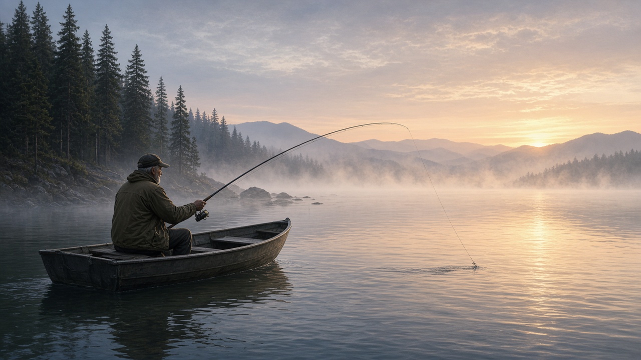 Adult angler casting a line from a small boat on a misty lake at dawn, original AI hobby wallpaper
