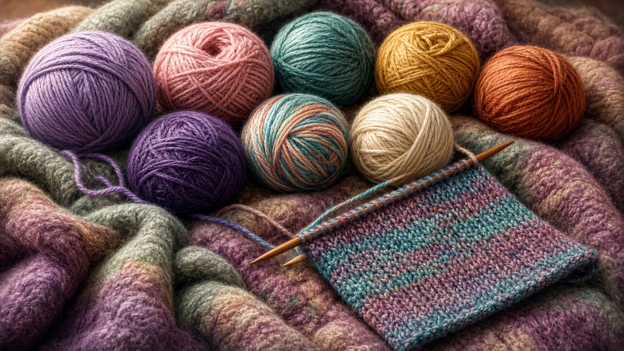 Balls of colorful yarn and knitting needles with a half-made scarf on a cozy blanket, original AI hobby wallpaper
