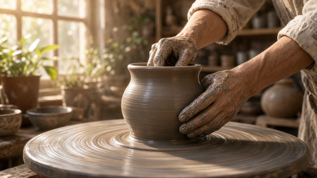 Adult hands shaping wet clay on a spinning pottery wheel in a sunlit studio, original AI hobby wallpaper