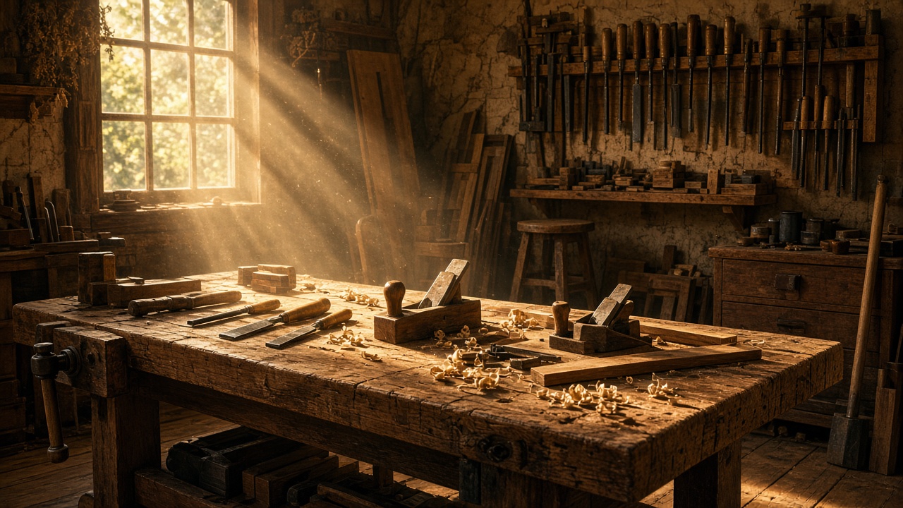 Warm woodworking workshop with hand tools on a bench and sunbeams through dusty air, original AI hobby wallpaper