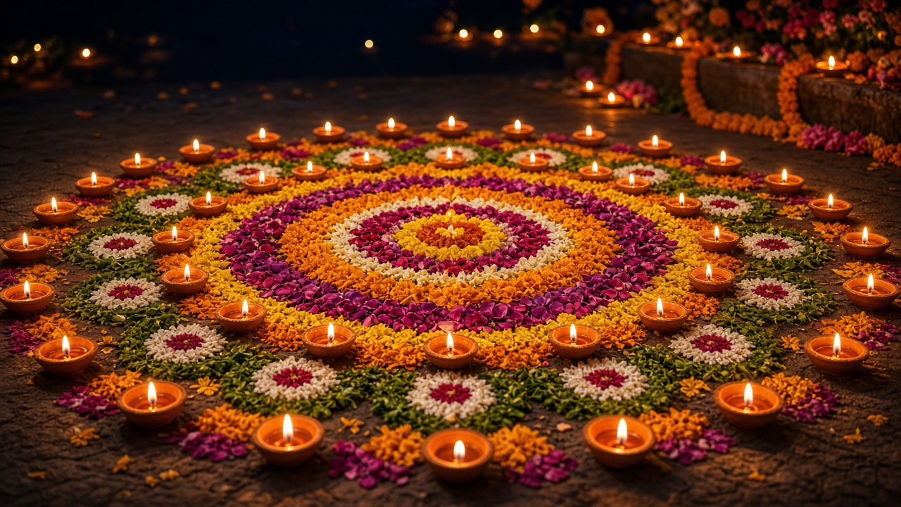 Rows of small glowing clay oil lamps around colorful flower petal patterns on a festive night, original AI holiday wallpaper