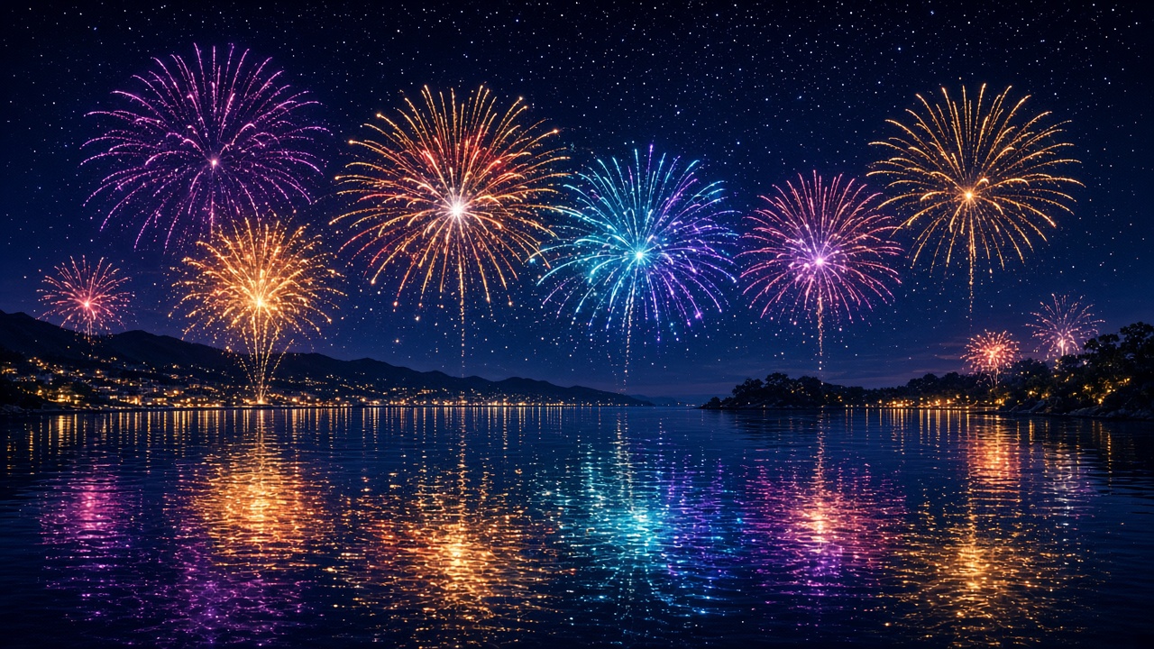 Colorful fireworks bursting over a calm bay with reflections, celebratory night, original AI holiday wallpaper