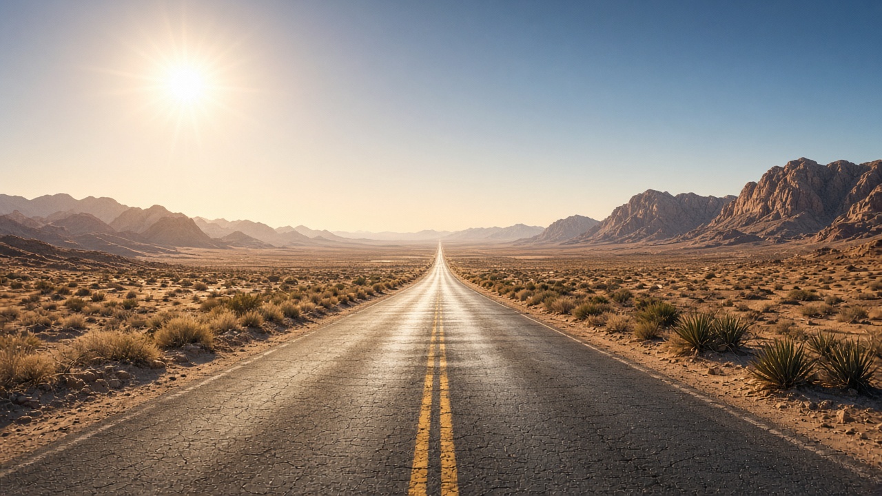 Long empty desert highway shimmering with heat haze mirage under a blazing sun, original AI mood wallpaper