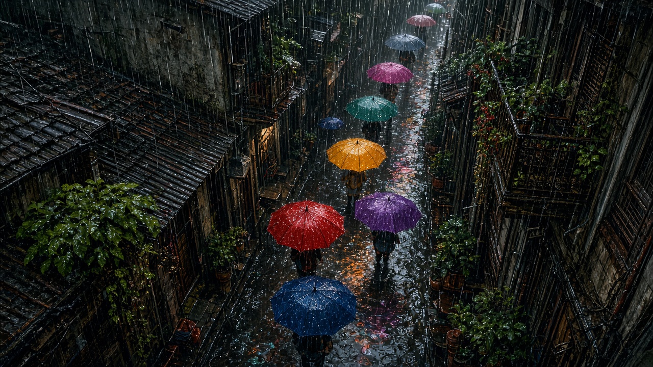 Heavy monsoon rain on a narrow street with colorful umbrellas seen from above, original AI mood wallpaper