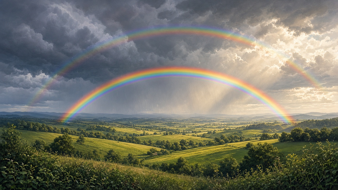 Vivid double rainbow over green farmland as storm clouds clear, sunlight breaking through, original AI mood wallpaper