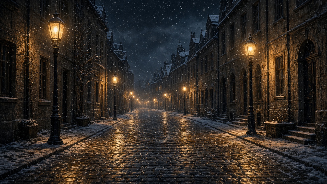 Gentle snowfall on an empty cobblestone street lit by warm old street lamps at night, no signs, original AI mood wallpaper