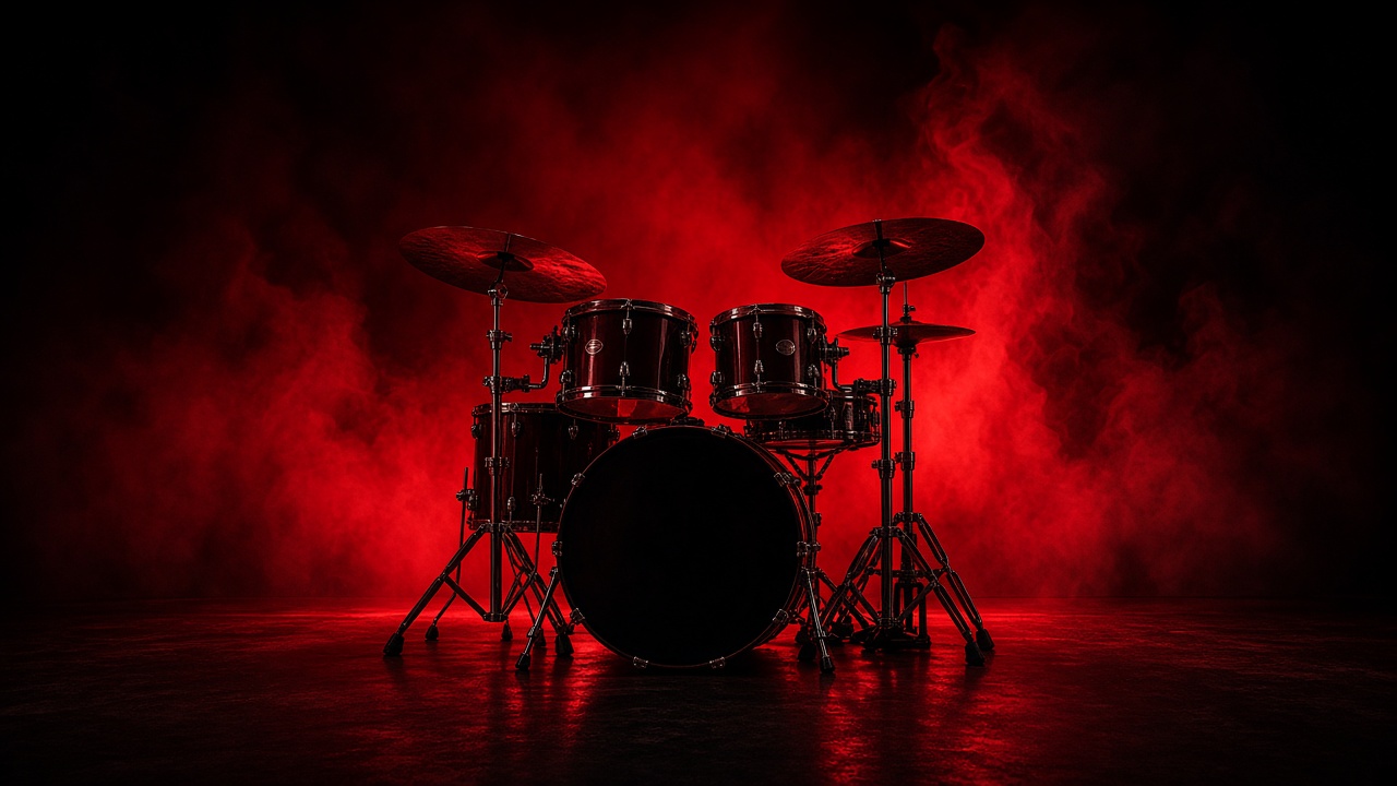 Unbranded drum kit lit by red backlight with smoke, empty stage, dramatic, original AI music wallpaper
