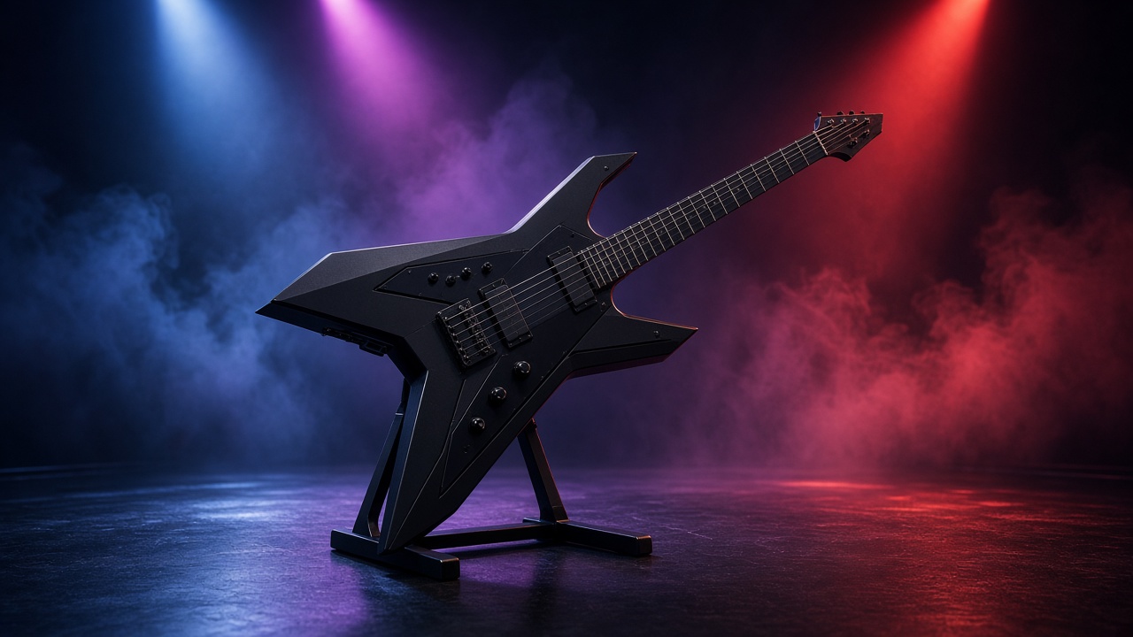 Original futuristic angular electric guitar with a sharp asymmetric body and headless neck, plain matte black finish, on a stand on an empty stage with colored spotlights and haze, original AI music wallpaper