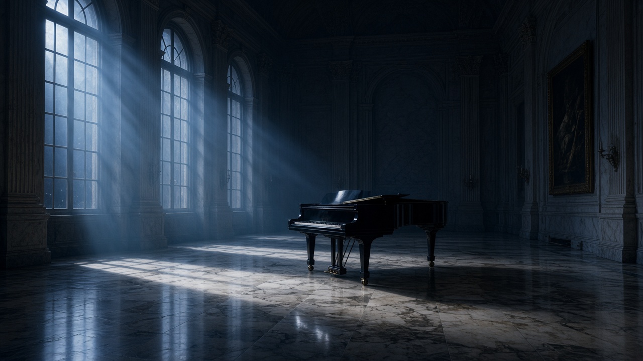 Black grand piano alone in an empty marble hall lit by moonlight streaming through tall windows, original AI music wallpaper