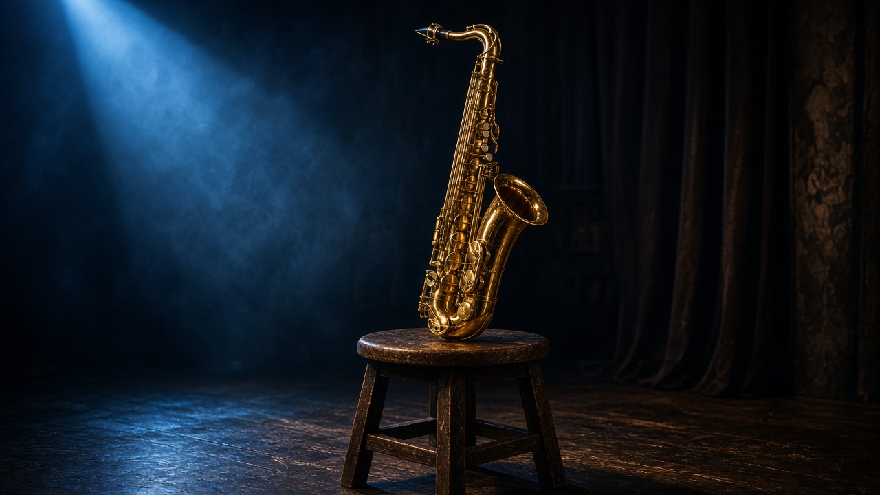 Golden saxophone resting on a stool on a small stage in a dim smoky jazz club with blue spotlight, original AI music wallpaper