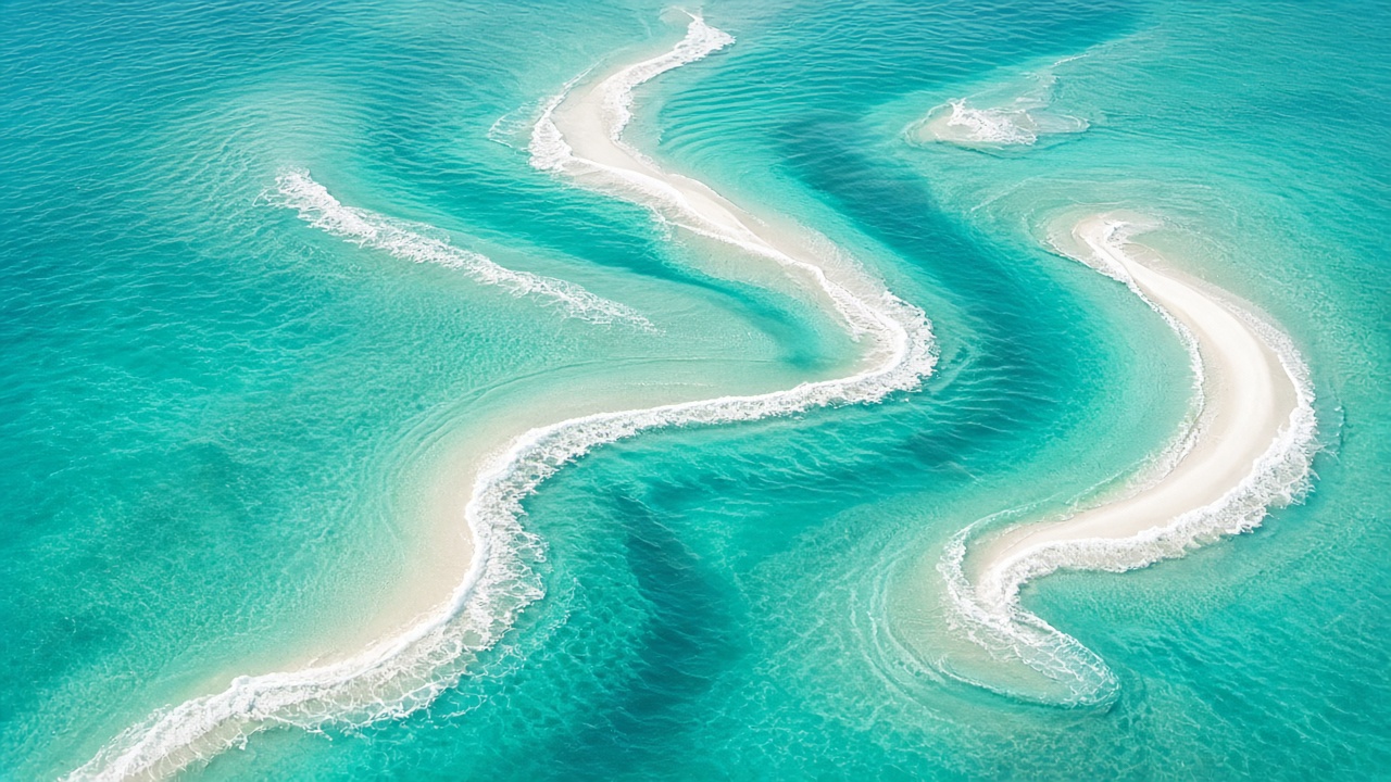 Top-down aerial view of gentle waves rolling over winding white sandbars in shallow turquoise and emerald sea water, abstract natural patterns, bright sunlight, original AI nature wallpaper