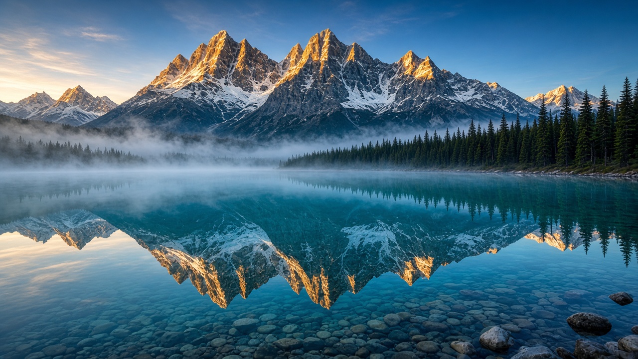 Snow-capped mountain peaks glowing at sunrise, mirrored in a calm turquoise lake with morning mist and pine forest