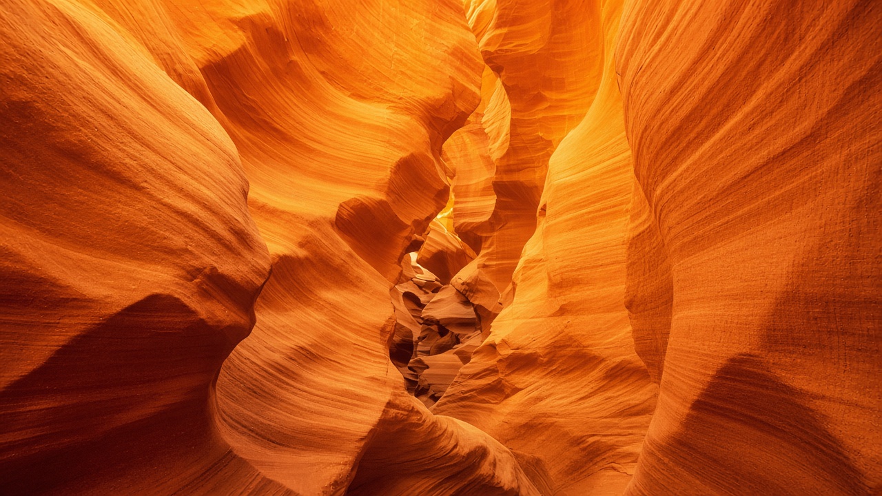 Smooth wavy orange sandstone walls of a narrow canyon glowing with reflected sunlight, original AI nature wallpaper