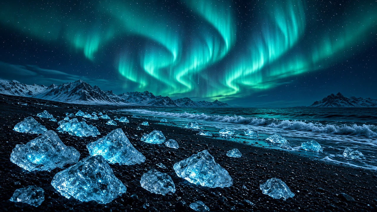 Glittering ice chunks on a black sand beach under a dancing teal aurora, arctic night, original AI nature wallpaper