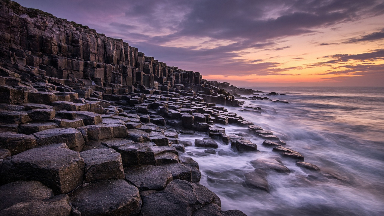 Hexagonal basalt rock columns stepping down into a foamy sea along a rugged coast at twilight, soft violet and amber sky, long exposure smooth water, original AI nature wallpaper