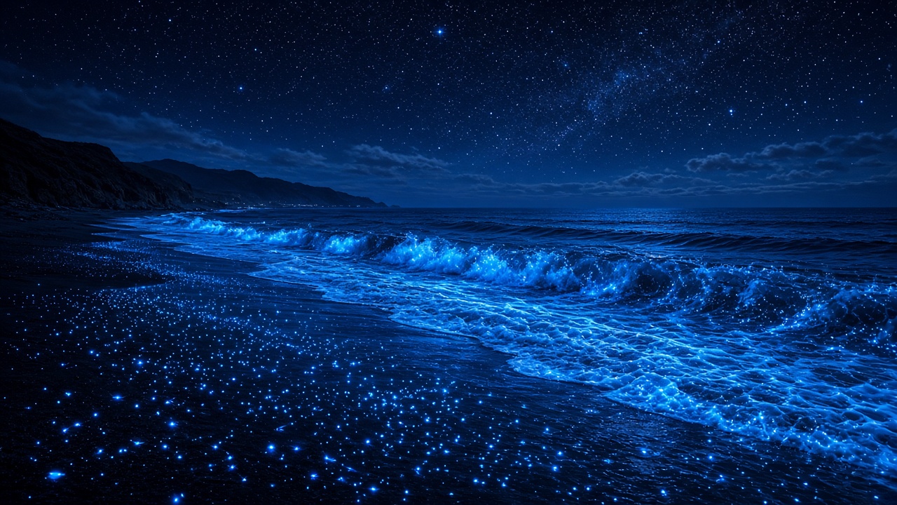 Waves glowing electric blue with bioluminescent plankton on a dark beach under stars, original AI nature wallpaper