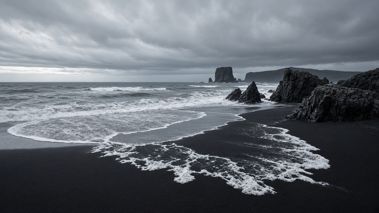 Black volcanic sand beach with white foamy waves lacing the shore, basalt rocks, overcast moody sky, minimalist seascape, original AI nature wallpaper