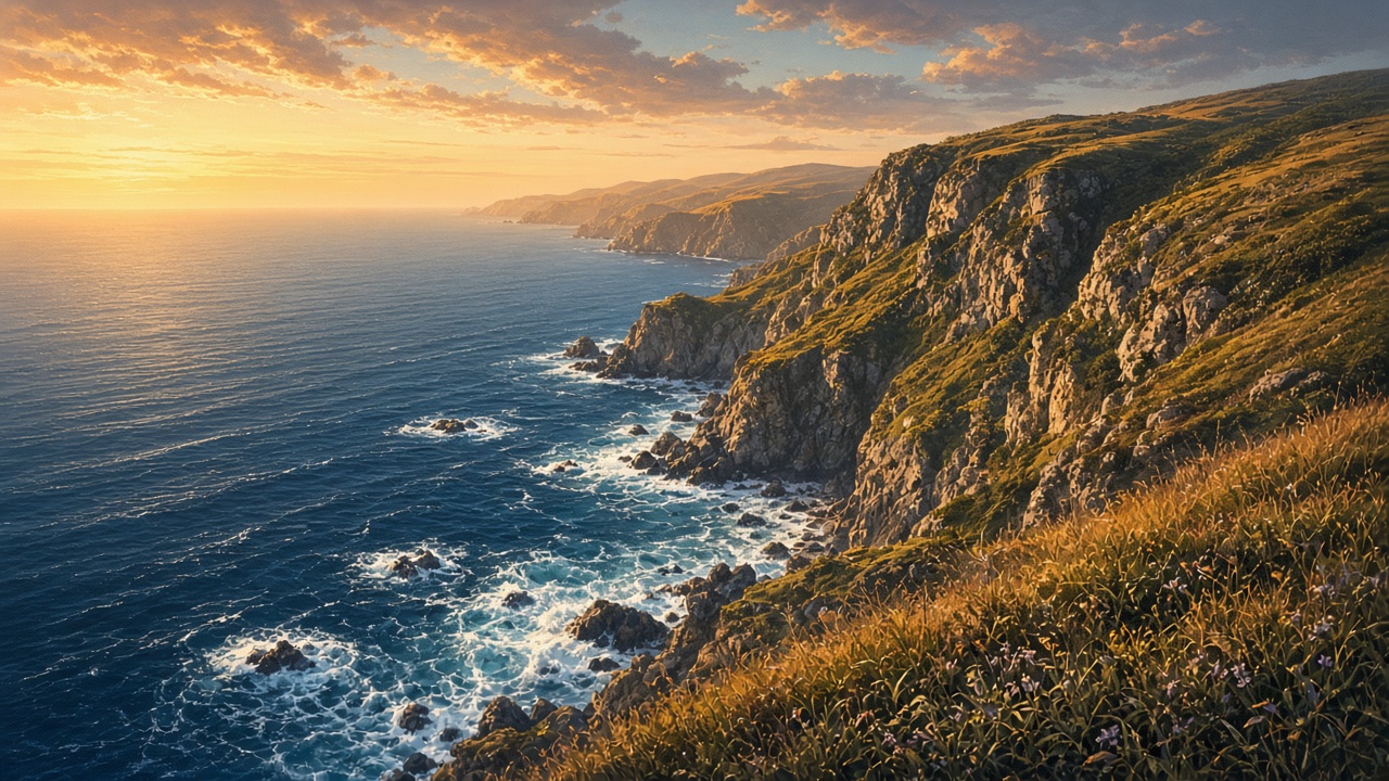 Grassy coastal cliffs dropping into deep blue ocean at golden hour, waves breaking on rocks below, sweeping view, original AI nature wallpaper