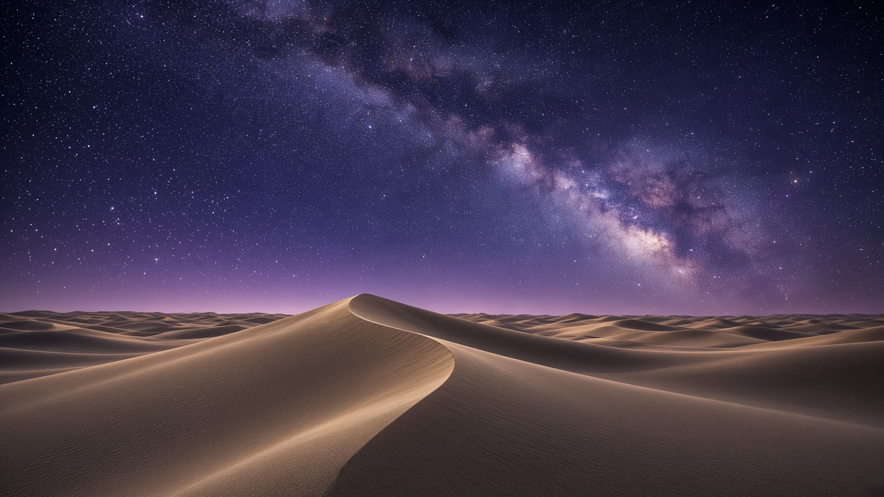 Smooth sand dune ridges under a brilliant Milky Way arc with a faint purple glow on the horizon, original AI nature wallpaper