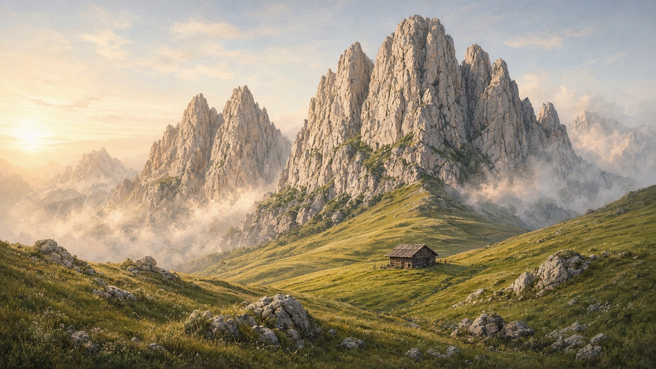 Pale limestone mountain towers rising above rolling green alpine pastures, wooden hut in the distance, warm morning light, original AI nature wallpaper