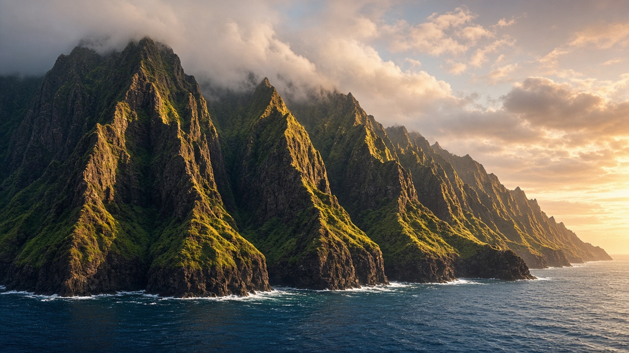 Towering green fluted volcanic sea cliffs with knife-edge ridges dropping straight into a deep blue ocean, wisps of cloud on the summits, golden evening light, original AI nature wallpaper