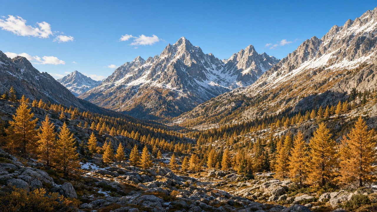 Alpine valley filled with glowing golden autumn larch trees beneath jagged snow-dusted granite peaks, crisp blue sky, late afternoon sun, original AI nature wallpaper
