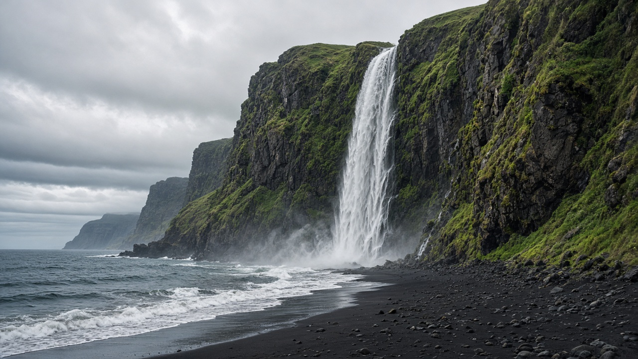 Tall waterfall plunging off green cliffs directly onto a black sand beach with ocean waves, overcast soft light, original AI nature wallpaper