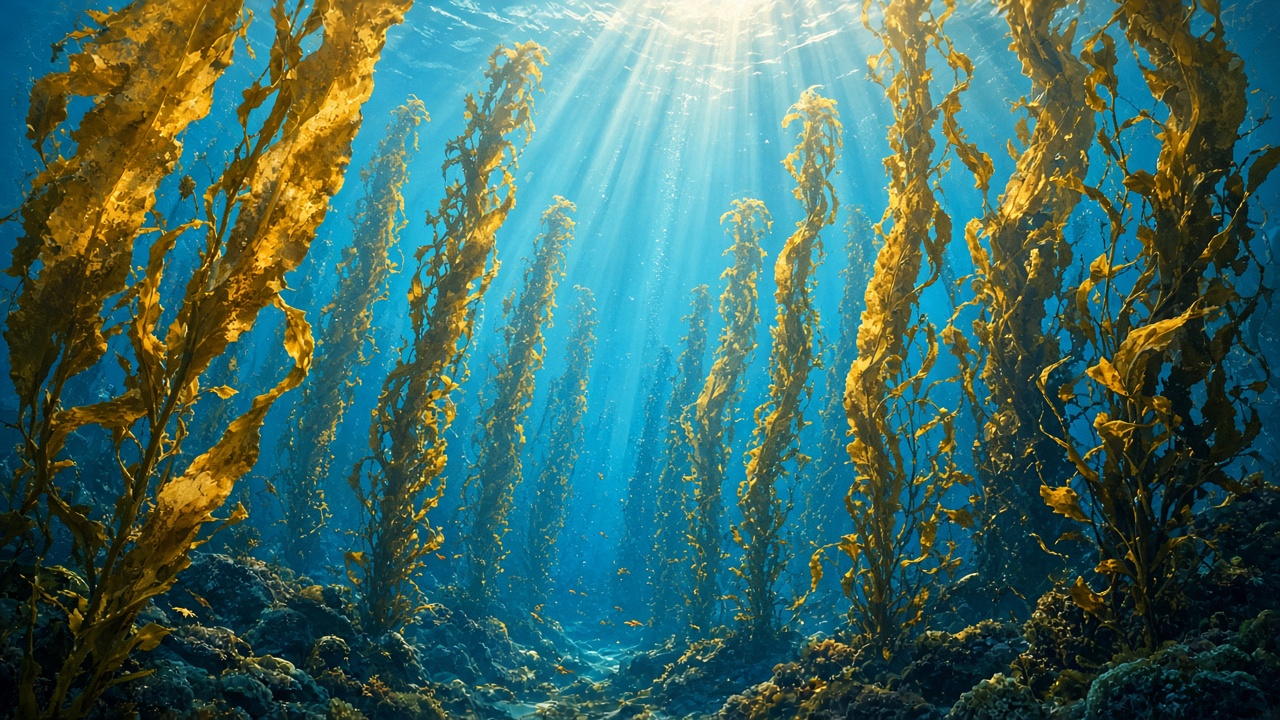 Tall golden kelp forest swaying underwater with sunbeams piercing blue water, original AI nature wallpaper