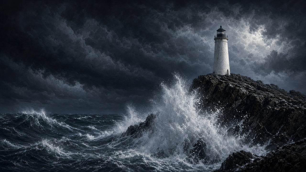 Plain white lighthouse on a rocky point with huge storm waves exploding against the rocks, dark dramatic sky, no markings, original AI nature wallpaper