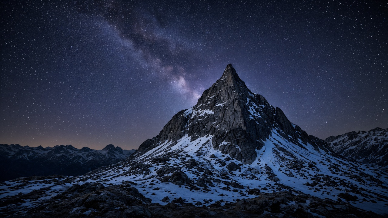 Single sharp granite mountain peak under a brilliant Milky Way night sky, faint blue snow, long exposure astrophotography, original AI nature wallpaper