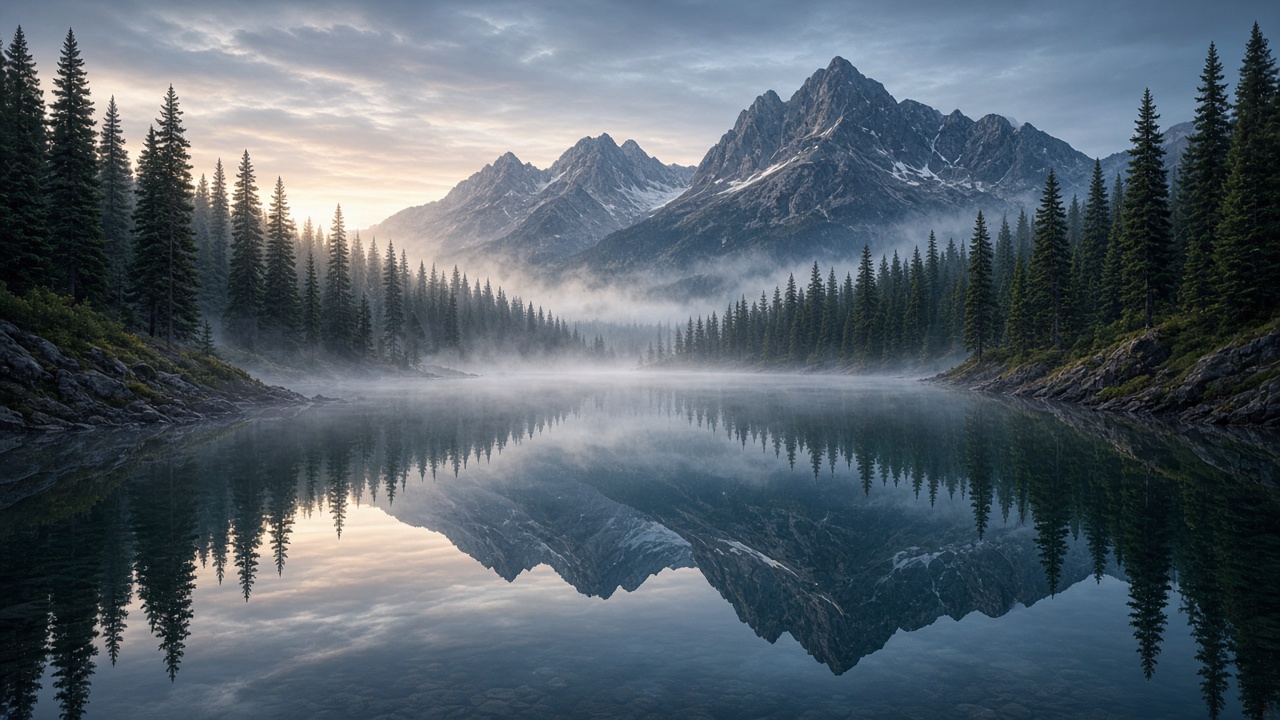 Perfectly still mirror lake reflecting dark pine forest and mountains, faint morning mist on the water, original AI nature wallpaper