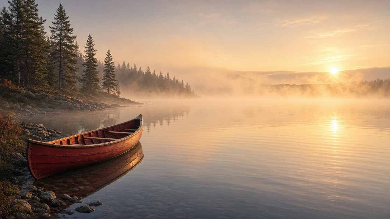 Empty red wooden canoe resting on a misty glassy lake at dawn, soft golden light through fog, pine shoreline, original AI nature wallpaper