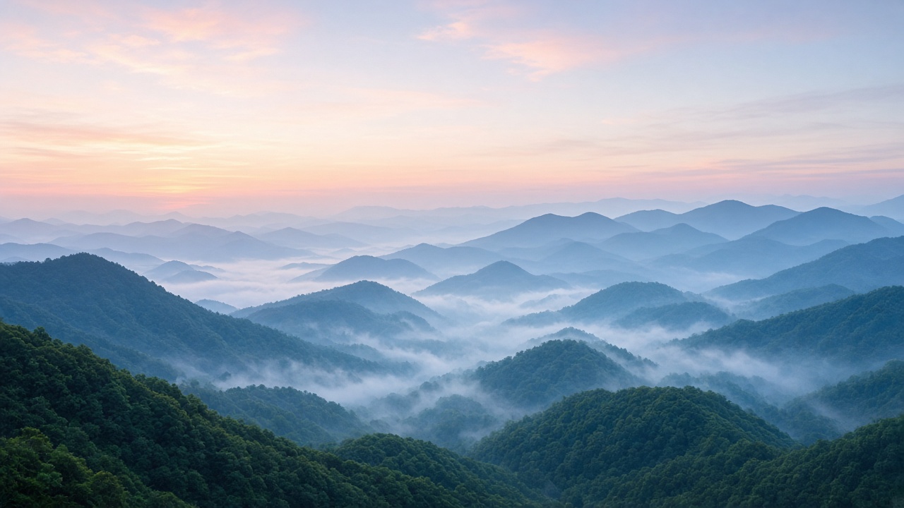 Layered blue mountain ridges fading into morning mist over a deep green valley, soft pastel dawn sky, landscape photography, original AI nature wallpaper
