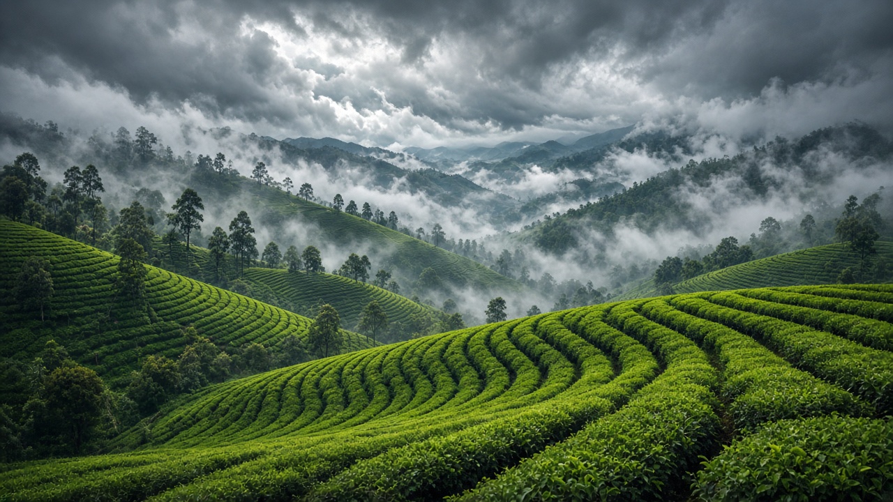 Bright green tea plantation rows over rolling hills under heavy dramatic clouds and drifting mist, original AI nature wallpaper