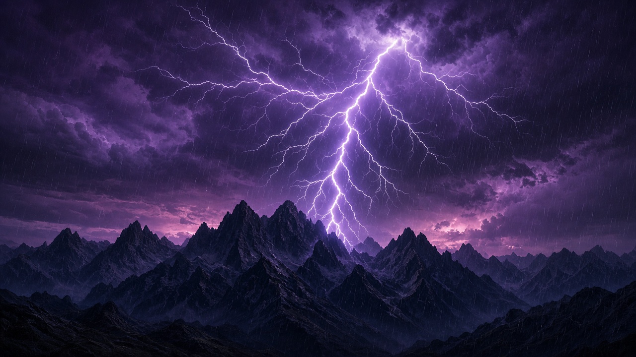 Violent lightning bolt striking behind dark mountain range at dusk, purple storm clouds, rain curtains, dramatic weather photo, original AI nature wallpaper