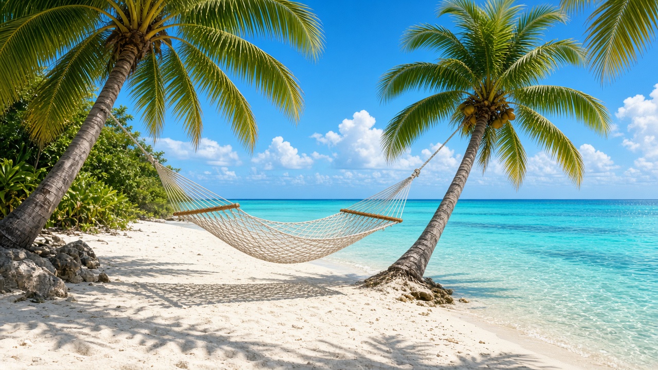 Empty hammock strung between leaning palm trees over white sand and clear turquoise water on a sunny day, original AI nature wallpaper