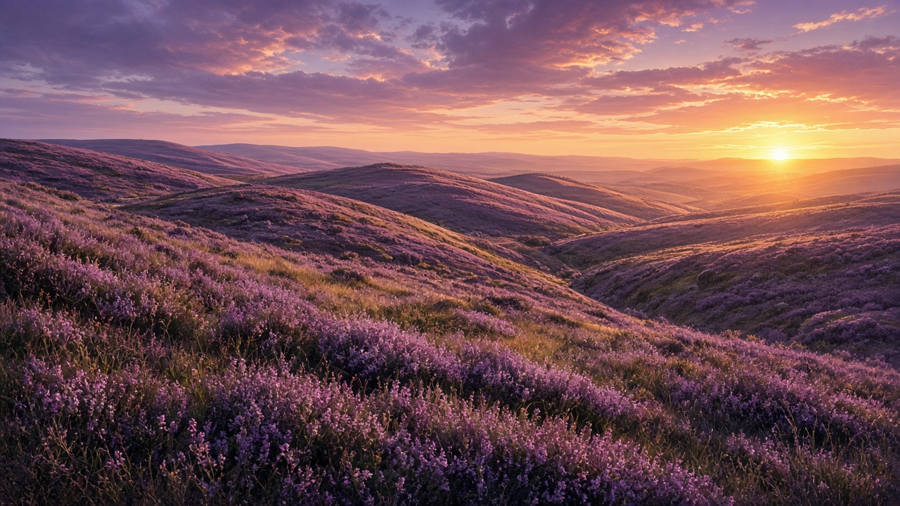 Rolling hills covered in blooming purple heather glowing under a warm sunset with long shadows, original AI nature wallpaper
