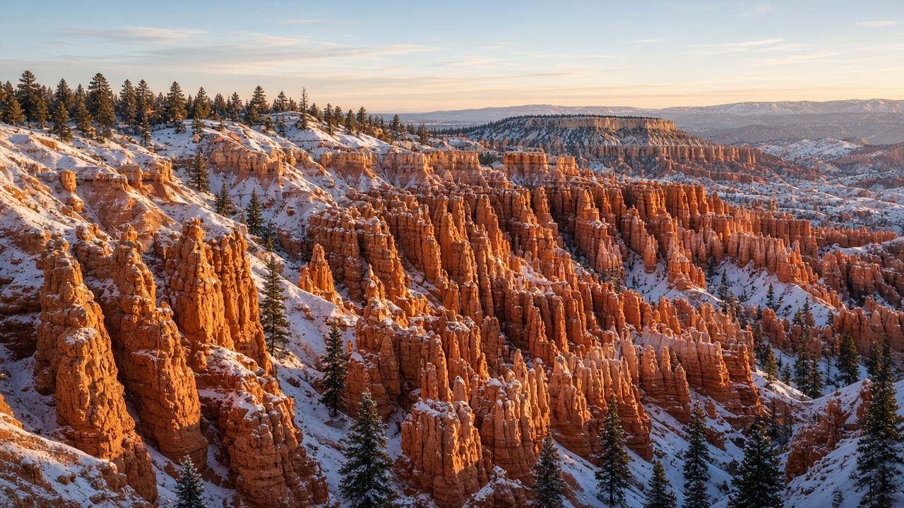 Vast amphitheater of orange sandstone hoodoo spires lightly dusted with fresh snow, first warm sunrise light, pine trees on the rim, pale blue sky, original AI nature wallpaper