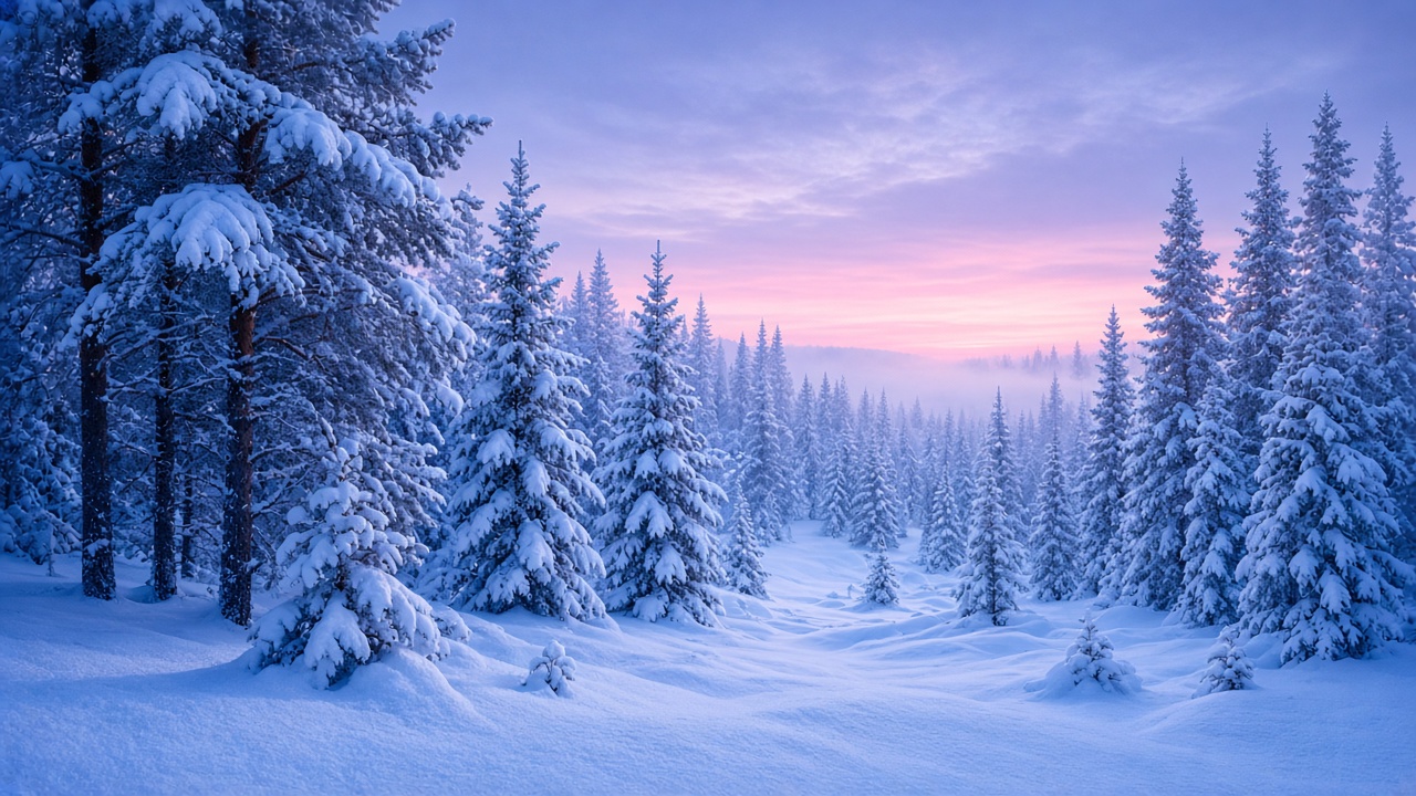 Snow-laden pine trees in a quiet forest at blue twilight, soft pink sky glow, fresh untouched snow, original AI nature wallpaper