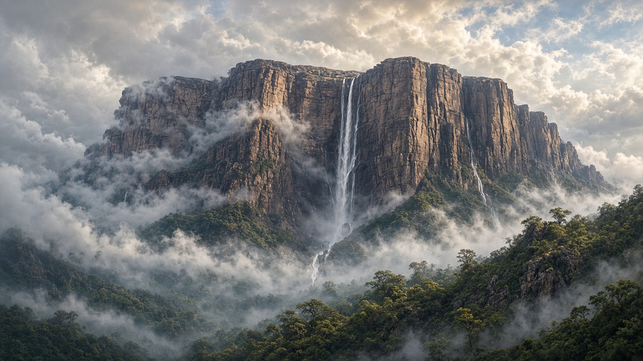 Massive flat-topped sandstone mountain with sheer cliffs rising out of a misty green cloud forest, thin waterfalls streaming off the edge, dramatic morning clouds, original AI nature wallpaper