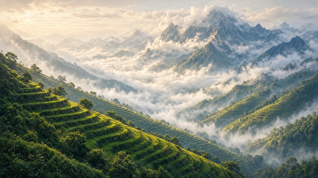 Green terraced hillsides climbing into soft drifting clouds among tall mountains, gentle morning light, wide landscape, original AI nature wallpaper