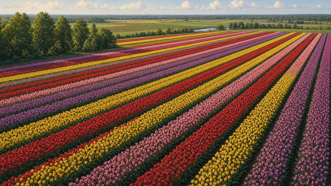 Aerial view of striped rows of red, yellow, pink and purple tulip fields in spring, original AI nature wallpaper