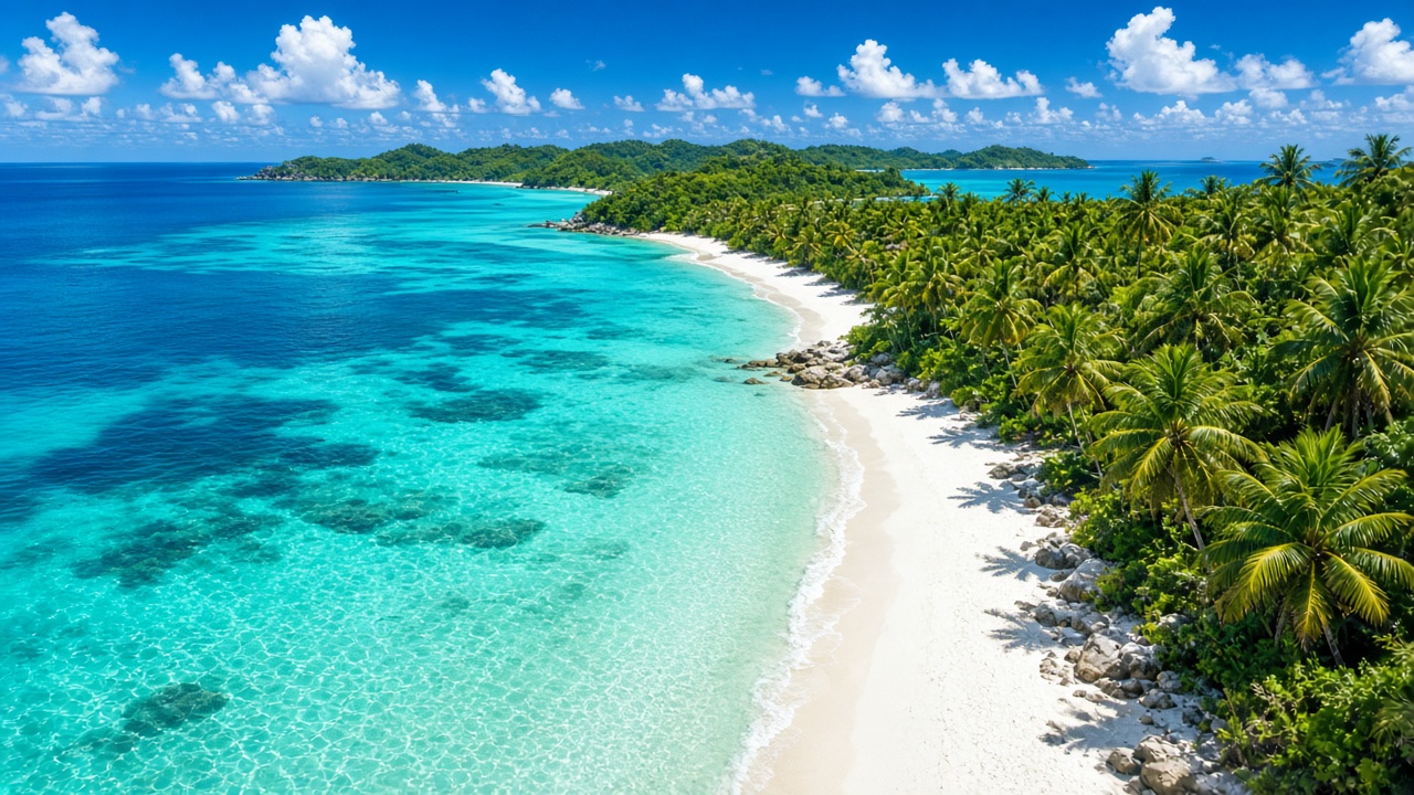 Aerial view of a crystal turquoise lagoon meeting a curving white sand beach and palm trees, bright tropical sun, original AI nature wallpaper