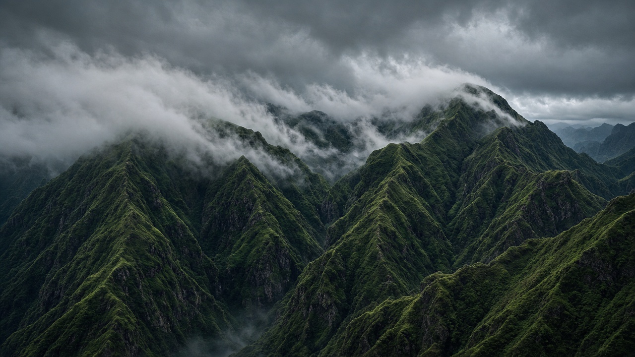 Velvety emerald volcanic ridges with deep folds, low clouds drifting over the crests, moody overcast light, landscape photo, original AI nature wallpaper