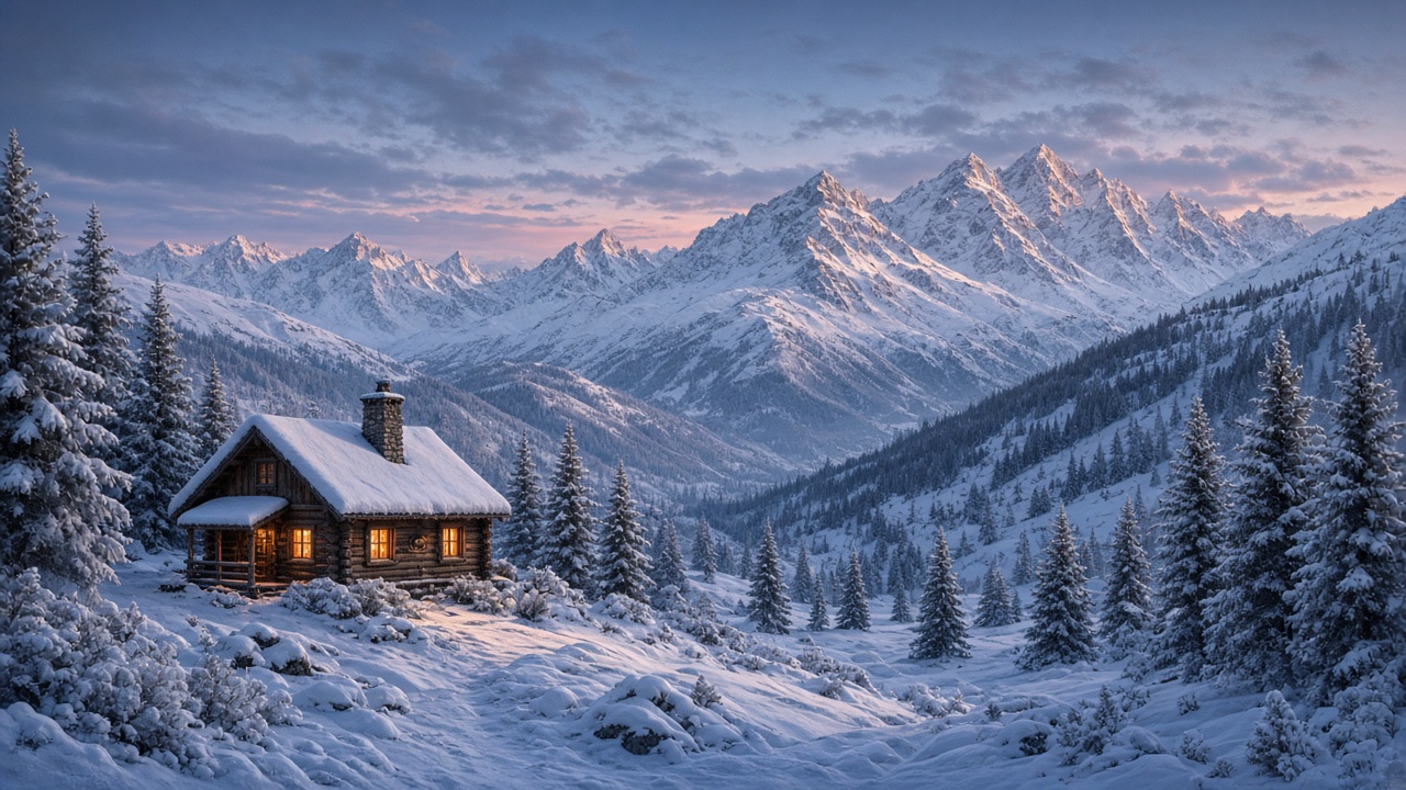 Small log cabin with warm lit windows in a deep snowy valley surrounded by frosted pines and white mountains at dusk, original AI nature wallpaper