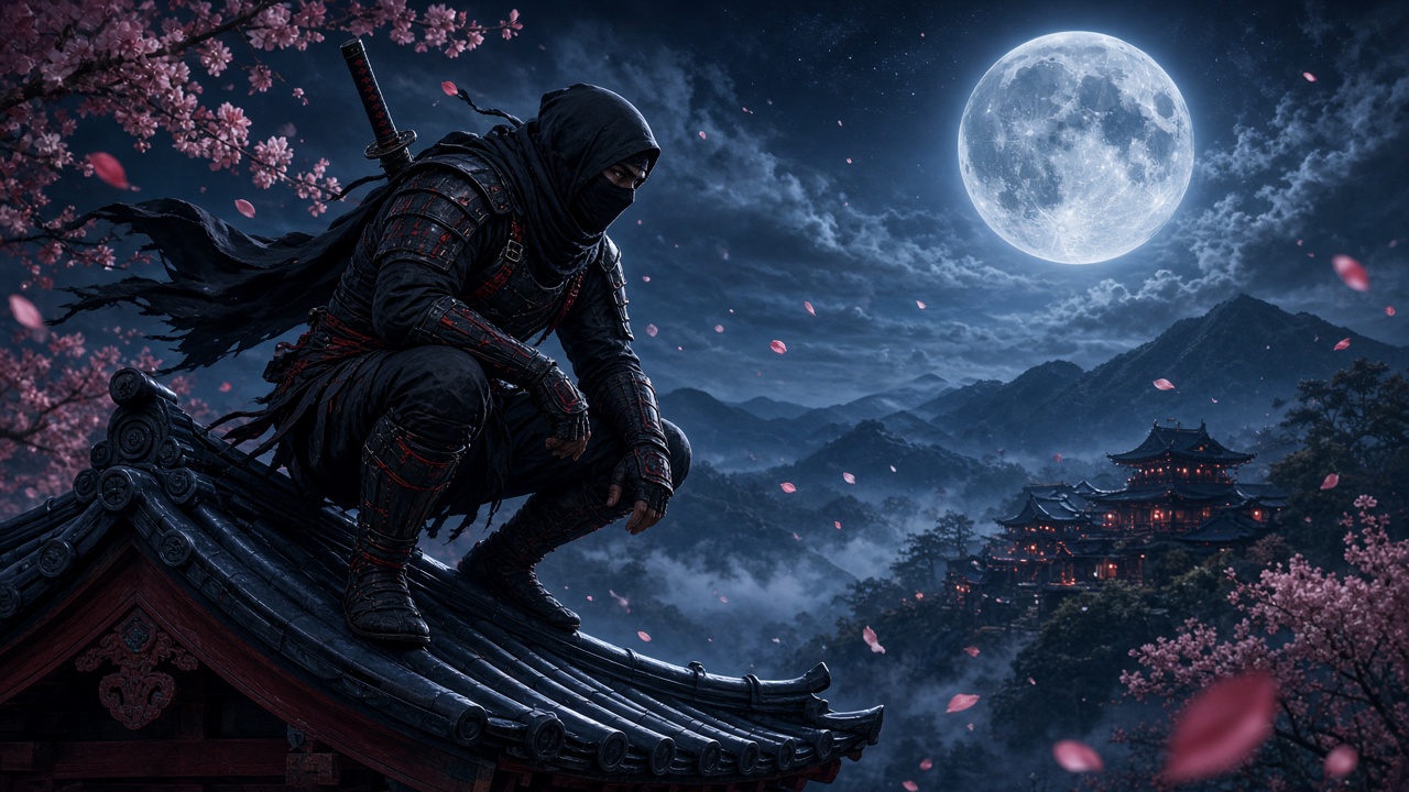 A masked ninja crouched on a curved temple roof under a full moon, with cherry blossoms, misty mountains and a lantern-lit pagoda