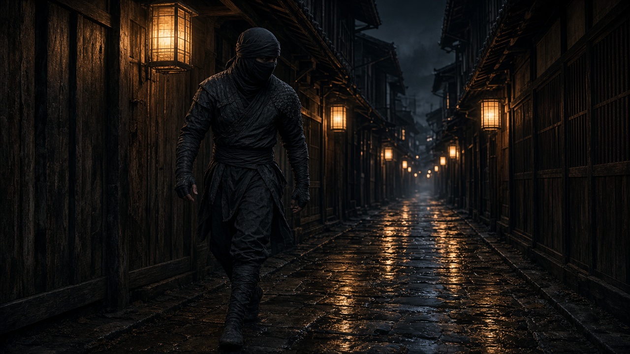 Original masked adult ninja in dark grey gear stepping through a narrow old wooden alley lit by warm paper lanterns at night, original AI ninja wallpaper